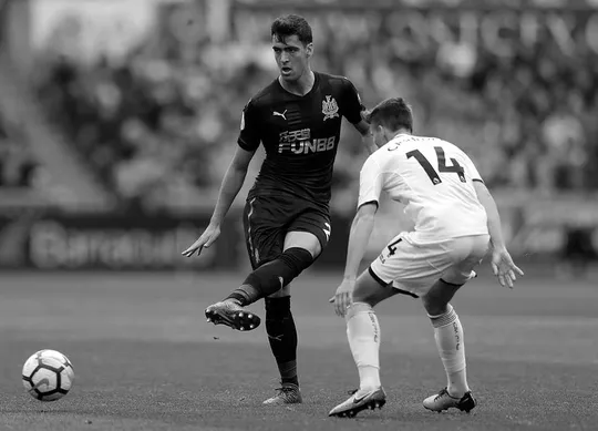 Mikel Merino sprays a pass across the Liberty Stadium surface in Newcastle' Premier League match-up with Swansea.