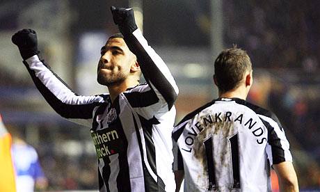 Leon Best celebrates with Peter Lovenkrands after putting Newcastle two up away to Birmingham.