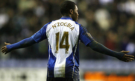 Charles N'Zogbia celebrates scoring for Wigan against Arsenal