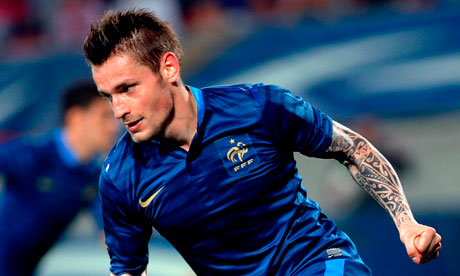 Mathieu Debuchy celebrates after scoring against Iceland in a friendly