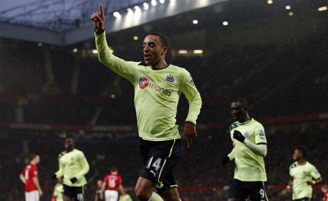 James Perch celebrates after scoring for Newcastle United at Old Trafford