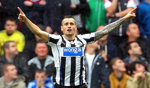 Newcastle's Mathieu Debuchy celebrates scoring against rivals Sunderland