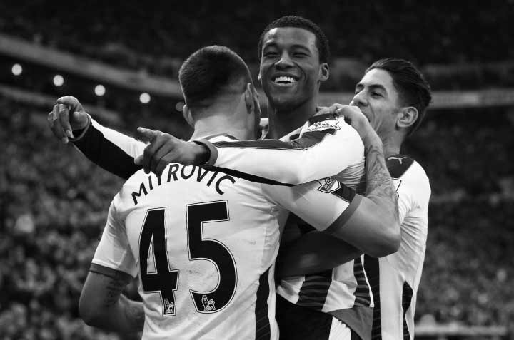 Georginio Wijnaldum celebrates scoring for Newcastle United.